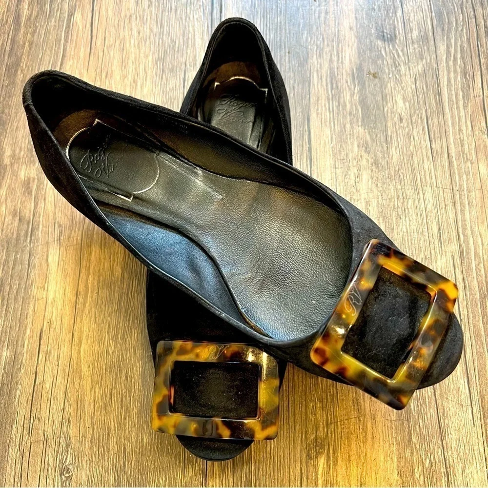 Roger Vivier Black Suede Tortoiseshell Buckle Ballerina Flats Shoes Holidays 6